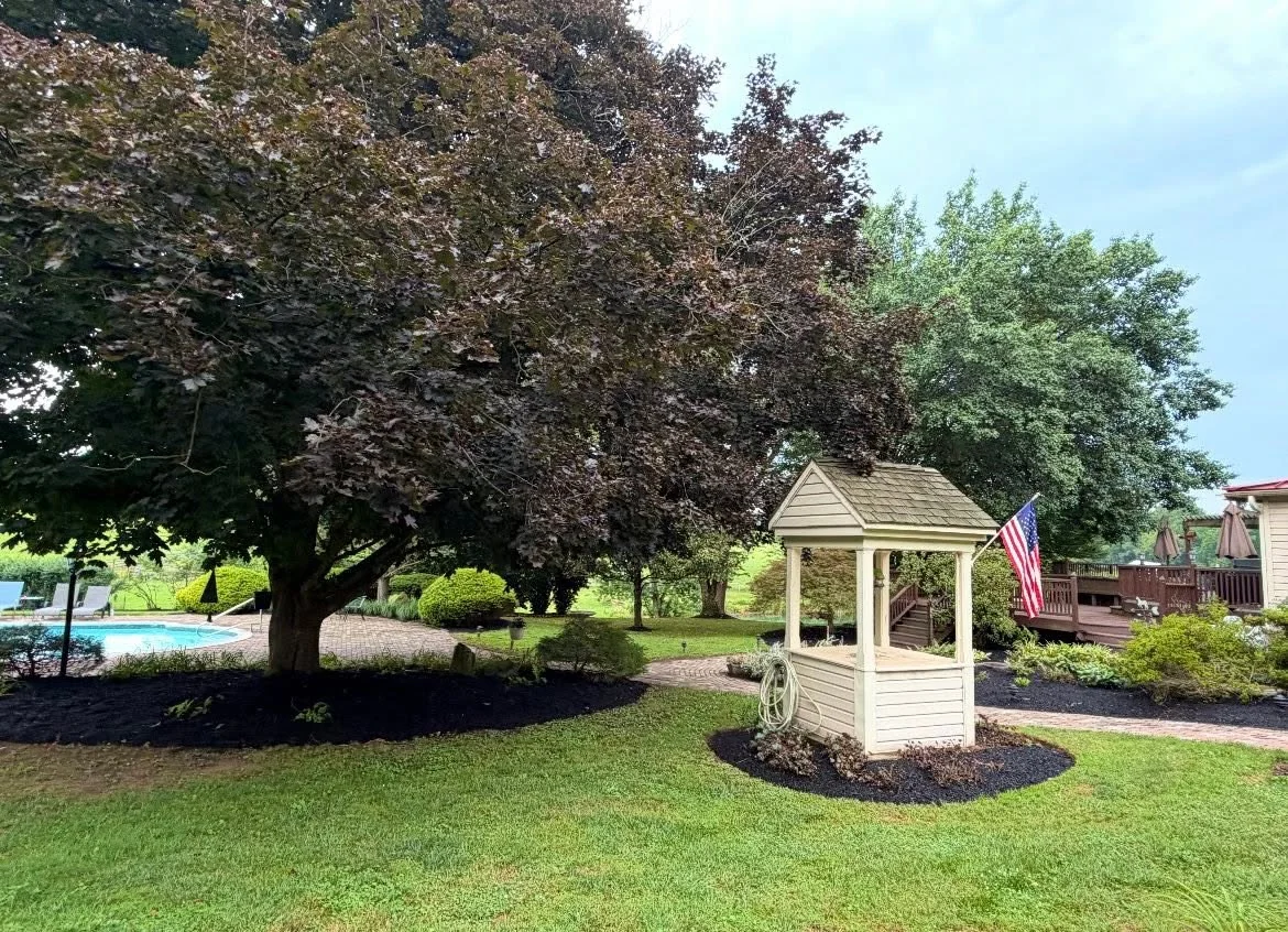 Maintained grass and neatly mulched beds around mature trees beside a gazebo — Dylan’s Lawn Care